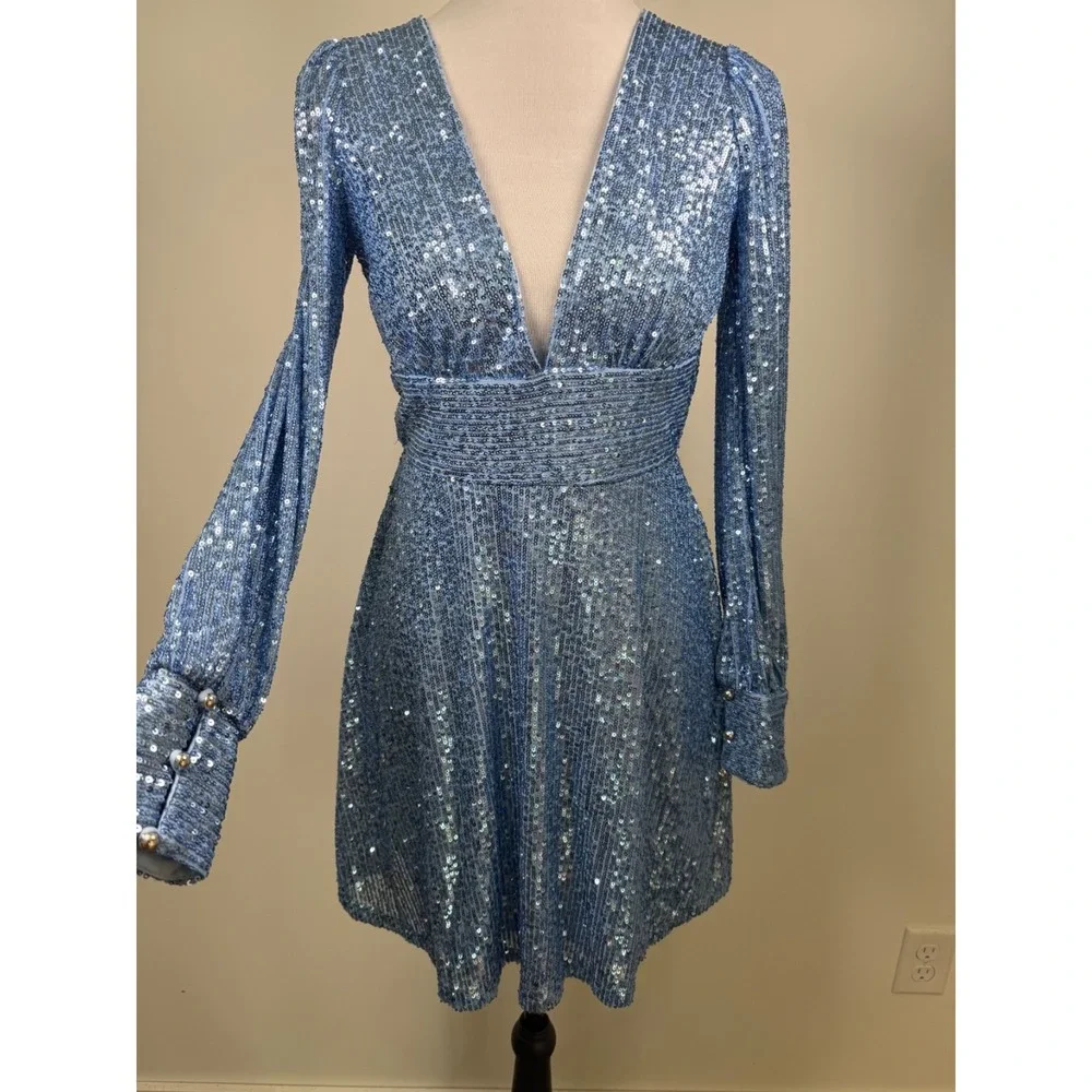 honey and rosie blue dress Honey and Rosie | Dresses | Honey Rosie Womens Small Blue Sequin Dress Long  Sleeve Deep V Fit Flare Party
